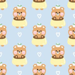 Obraz na płótnie Canvas Seamless pattern of cute bear in puding costume with white heart.Funny animal cartoon character design.Kawaii.Vector.Illustration.