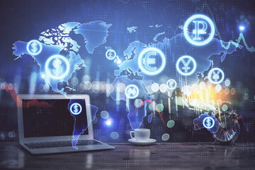Stock market graph and table with computer background. Multi exposure. Concept of financial analysis.