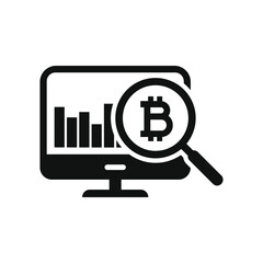 Bitcoin sign on computer screen. Financial research, money analysis icon concept isolated. Vector illustration