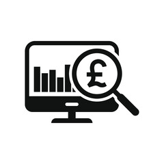 Pound sign on computer screen. Financial research, money analysis icon concept isolated. Vector illustration