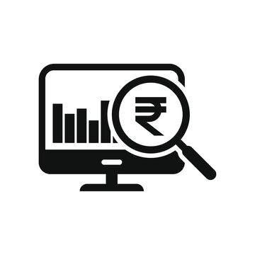 Rupee sign on computer screen. Financial research, money analysis icon concept isolated. Vector illustration