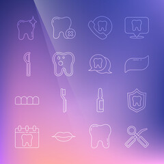 Set line Dental inspection mirror, protection, Toothpaste, Online dental care, with caries, floss, whitening and icon. Vector