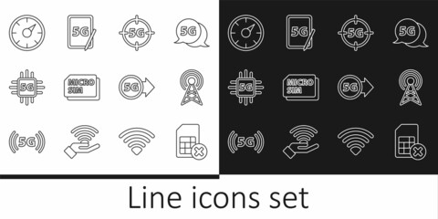 Set line Sim card rejected, Antenna, 5G network, Micro Card, Processor, Digital speed meter, and Graphic tablet with icon. Vector