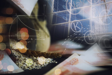 The concept of the cost of grain. 5000 ruble banknotes around a handful of ground grain. World...