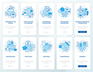 Principles of learning blue onboarding mobile app screen set. Walkthrough 5 steps editable graphic instructions with linear concepts. UI, UX, GUI template. Myriad Pro-Bold, Regular fonts used