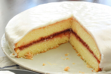 Jam sponge cake on a plate. 