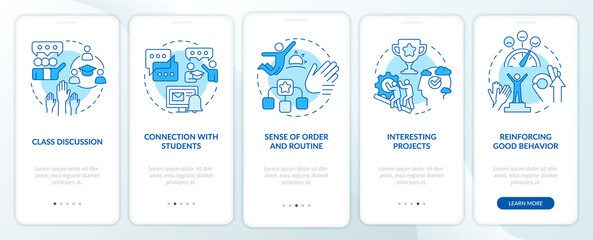 Healthy learning environament blue onboarding mobile app screen. Walkthrough 5 steps editable graphic instructions with linear concepts. UI, UX, GUI template. Myriad Pro-Bold, Regular fonts used