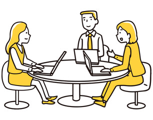 テーブルで仕事をする3人