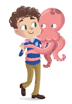 Children's illustration of a boy with an octopus hugging