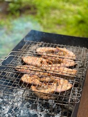 Fish on the grill in clouds of smoke 