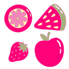 Sweet bright fruits in pink color, y2k style. Vector illustrations of watermelon, strawberry, apple and orange