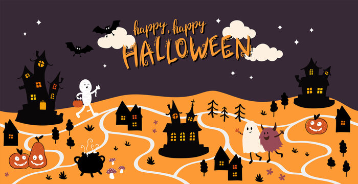 Cute hand drawn halloween design with creepy houses, dressed up kids and decoration, great for textiles, banners, wallpapers, wrapping - vector design