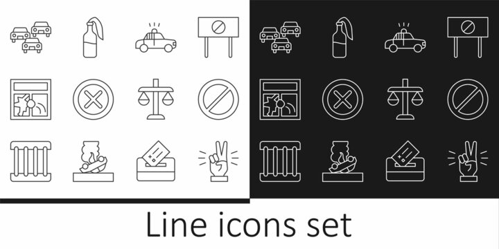 Set line Hand showing two finger, Ban, Police car flasher, X Mark, Cross circle, Broken window, Traffic jam, Scales of justice and Cocktail molotov icon. Vector