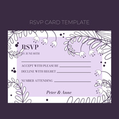 Floral wedding RSVP template in hand drawn doodle style, invitation card design with line flowers, leaves, fern and dots. Vector decorative frame on white and lilac background.