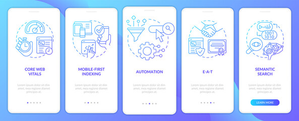 Search engine optimization concept blue gradient onboarding mobile app screen. Walkthrough 5 steps graphic instructions with linear concepts. UI, UX, GUI template. Myriad Pro-Bold, Regular fonts used