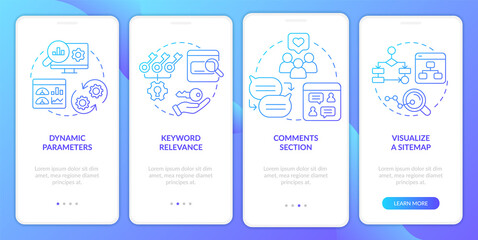 Advanced search engine optimization blue gradient onboarding mobile app screen. Walkthrough 4 steps instructions with linear concepts. UI, UX, GUI template. Myriad Pro-Bold, Regular fonts used