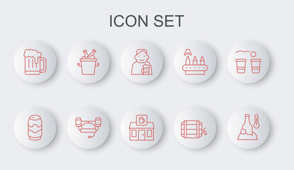 Set line Cold beer bottle, Beer can, Happy man with, Wooden barrel on rack, mug, bottles in ice bucket, helmet and Store building of shop icon. Vector