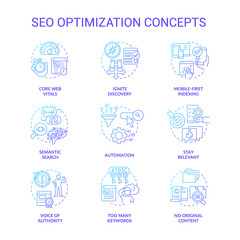 SEO optimization blue gradient concept icons set. Internet marketing. Website promotion idea thin line color illustrations. Isolated symbols. Roboto-Medium, Myriad Pro-Bold font used