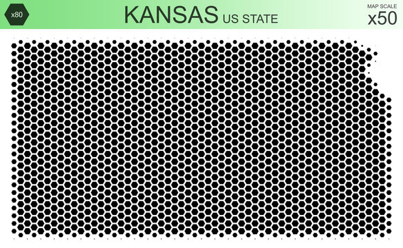 Dotted map of the state of Kansas in the USA, from hexagons, on a scale of 50x50 elements. With smooth edges in black on a white background. With a dotted element size of 80 percent.