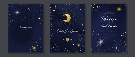 Galaxy themed wedding invitation vector template. Collection of luxury save the date card with watercolor, moon, gold sparkle. Starry night cover design for background, greeting, brochure, flyer.