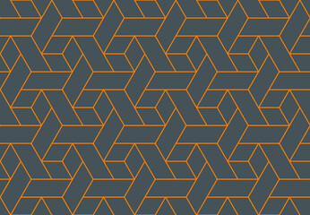 Abstract 3d effect cube shapes and parallelograms in a contemporary repeating geometric pattern in orange outline color against a dark gray background, vector illustration