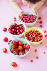 Strawberry,cherry,raspberry berries in bowls