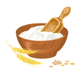 Wheat white flour in a wooden bowl, spoon and golden ears isolated. Vector cartoon flat illustration.