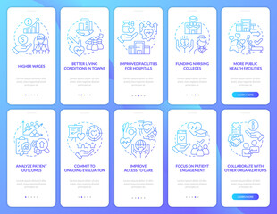 Transforming healthcare system blue gradient onboarding mobile app screen set. Walkthrough 5 steps graphic instructions with linear concepts. UI, UX, GUI template. Myriad Pro-Bold, Regular fonts used