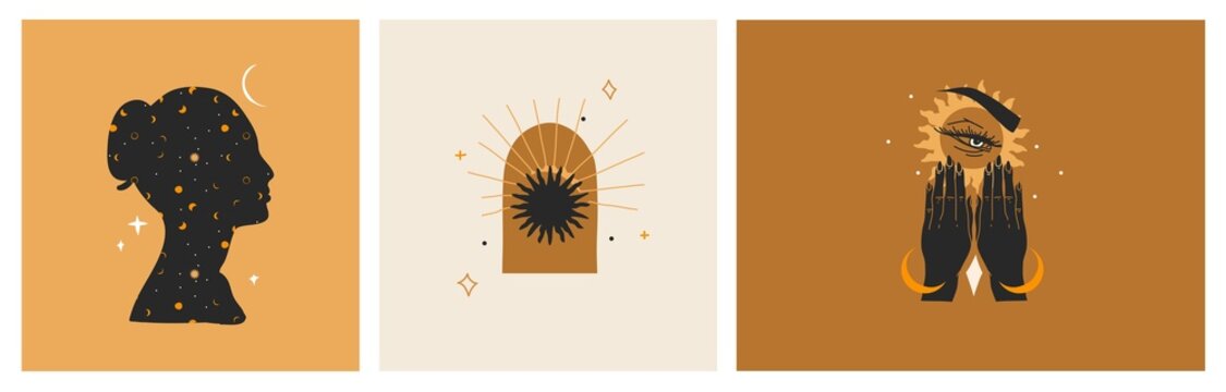 Hand drawn vector abstract stock flat graphic illustrations set with logo element,bohemian astrology magic art of galaxy space,crescent moon,stars,sun and human silhouette,simple style for branding.