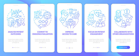 Building better health system blue gradient onboarding mobile app screen. Walkthrough 5 steps graphic instructions with linear concepts. UI, UX, GUI template. Myriad Pro-Bold, Regular fonts used