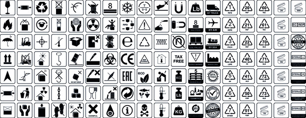 Vector packaging symbols set. Don't roll, litter, Clamp here, No hand- or forklift truck, Handling with care, Protect from radiation and other signs and icons. Use on package