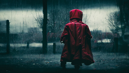 A boy with a red rain coat standing outside in rain in a scary horror place, Halloween background,...