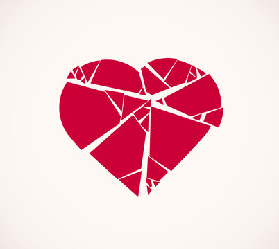 Heart broken to pieces like a glass vector logo or icon, broken heart concept, breakup or divorce, heartbreak regret, separated couple, tragic love.