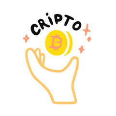 Hand and bitcoin coin with crypto inscription. Vector illustration. Vector illustration or icon in hand-drawn style.