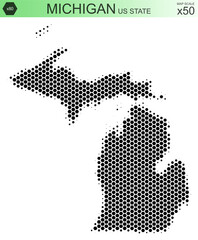 Dotted map of the state of Michigan in the USA, from hexagons, on a scale of 50x50 elements. With smooth edges in black on a white background. With a dotted element size of 80 percent.