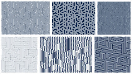 3D cubes seamless patterns vector backgrounds set, lined dimensional blocks, architecture and construction, geometric designs.