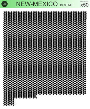 Dotted map of the state of New-Mexico in the USA, from hexagons, on a scale of 50x50 elements. With smooth edges in black on a white background. With a dotted element size of 80 percent.