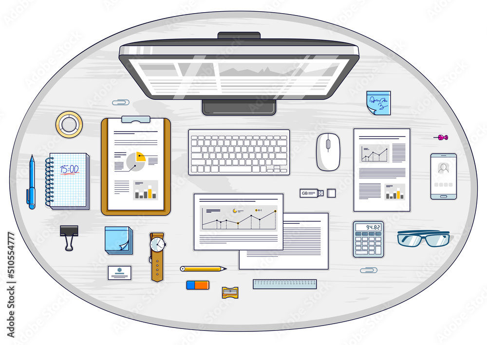 Fototapete Work desk workspace top view with PC computer and analytics papers with graphs and data and stationery objects on table. All elements are easy to use separately or recompose illustration. Vector.