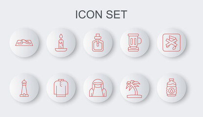 Set line Bottle of water, Mosque tower or minaret, Perfume, Tropical palm tree, Muslim man prays, Burning candle, Shirt kurta and woman niqab icon. Vector