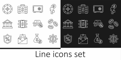 Set line Dollar, share, network, Coin money with dollar, Safe, Smartphone, Bank building, Car leasing percent and Briefcase and icon. Vector