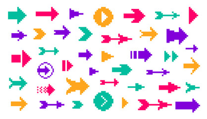 8 Bit pixel arrows vector big set of icons, collection of arrow direction cursors in old PC or gaming console style, single color symbols for logos.