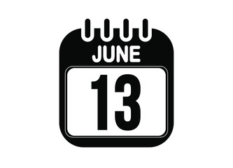 June 13. Day 13 of June. Black and white calendar vector. Template for the days of june.