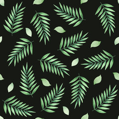 Fototapeta na wymiar Watercolor seamless pattern of tropical palm leaves. Green branches and leaves of tropical plants. suitable for fabric, digital paper and scrapbooking