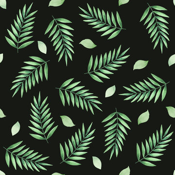 Watercolor seamless pattern of tropical palm leaves. Green branches and leaves of tropical plants. suitable for fabric, digital paper and scrapbooking