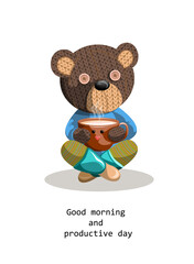 Vector image of a toy bear, with a reference to Slavic roots, sitting with a cup in Turkish. Concept. Cartoon style. Isolated on white background. EPS 10