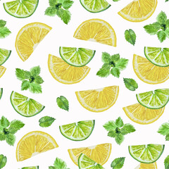 Watercolor seamless pattern lime and lemon slices and mint