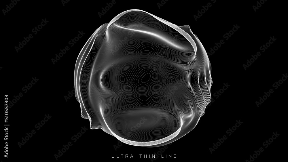 Poster ultra thin line fluid geometry. dynamic vector distorted spheres.