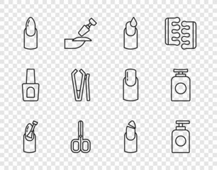 Set line Nail manicure, Tube of hand cream, Manicure, scissors, cutter, Broken nail and icon. Vector