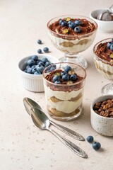 Traditional Italian dessert tiramisu with blueberries in glass. Individual homemade layered cake with berries in cup. Copy space. Selective focus.