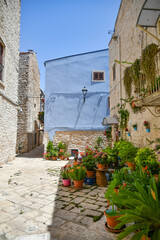 A small street in Casamassima, a village with blue-colored houses in the Puglia region of Italy.